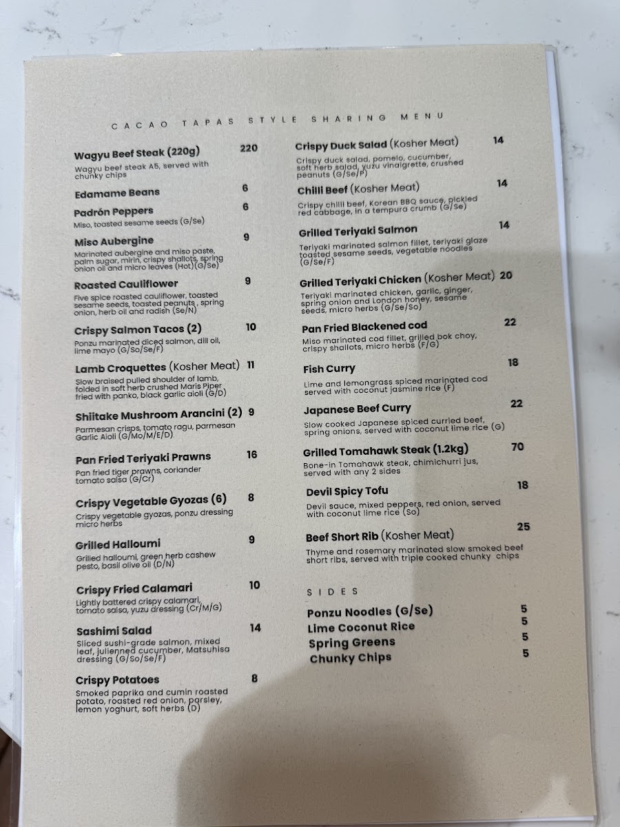 Cacao Bean Café and Restaurant menu board