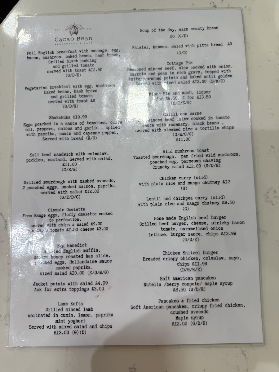 Cacao Bean Café and Restaurant menu board