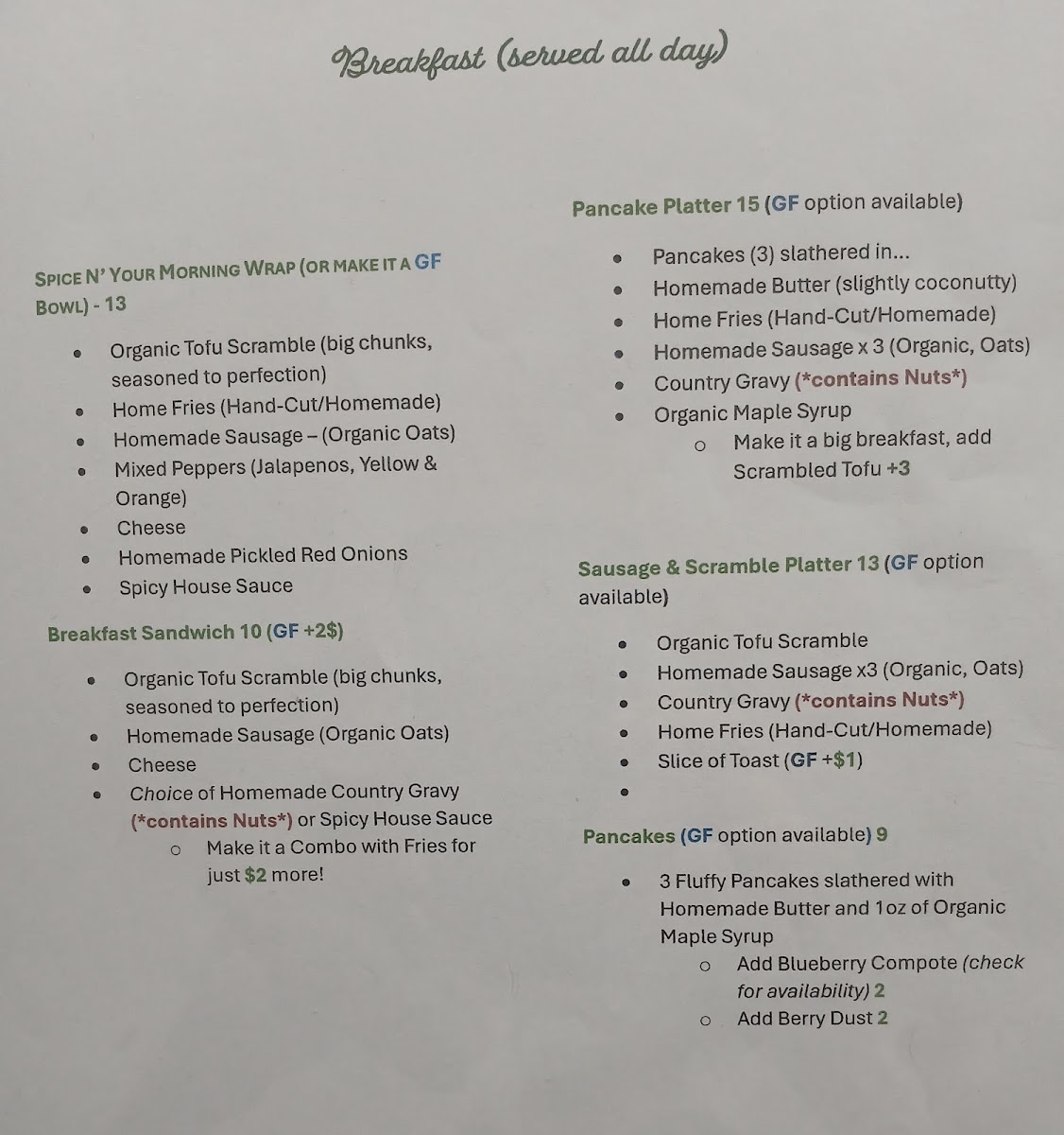 Vida Verde menu board