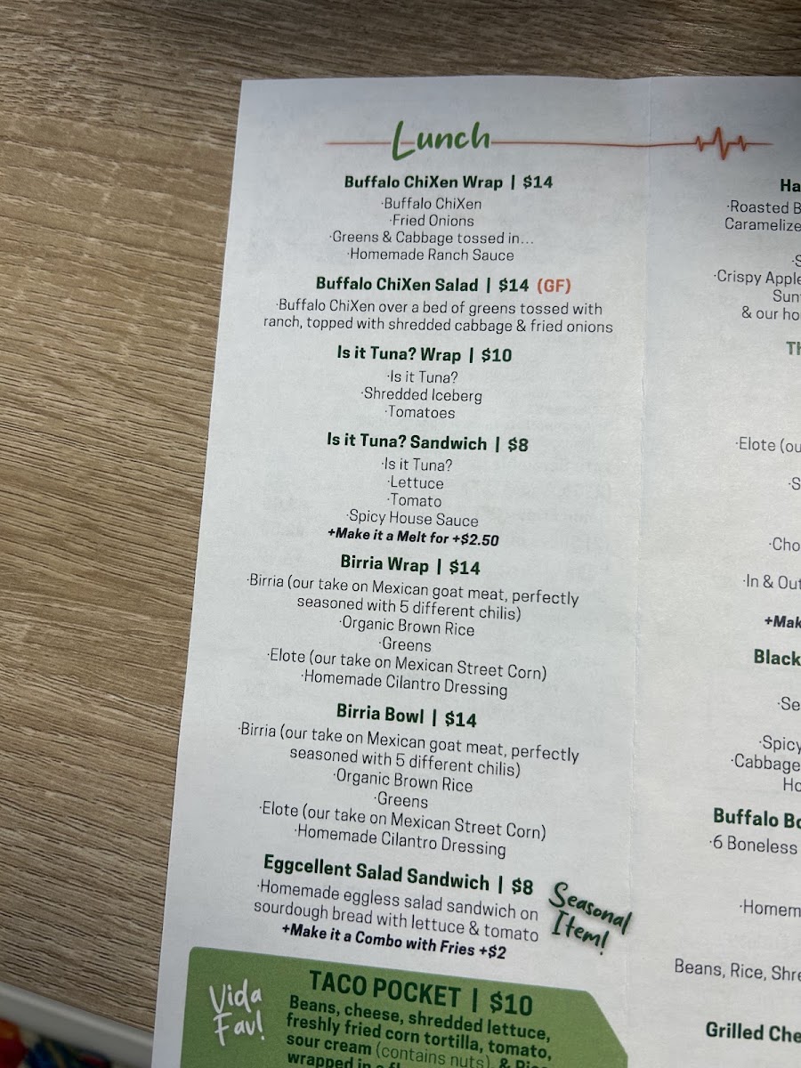 Vida Verde menu board