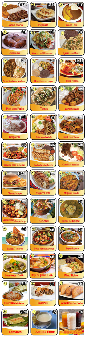 Las Champas Restaurant y Pupuseria menu board