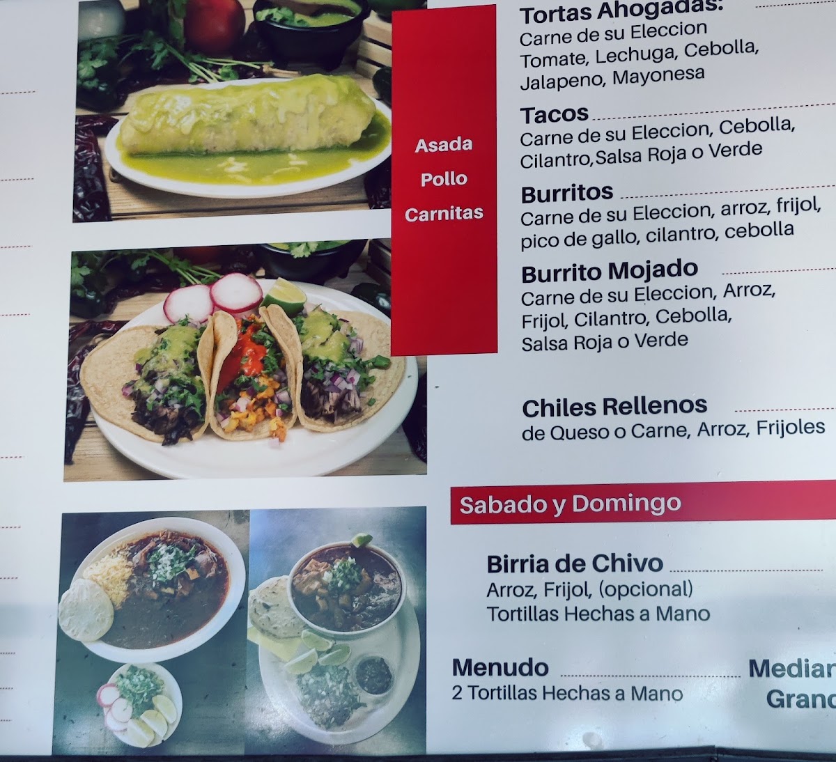 Las Champas Restaurant y Pupuseria menu board
