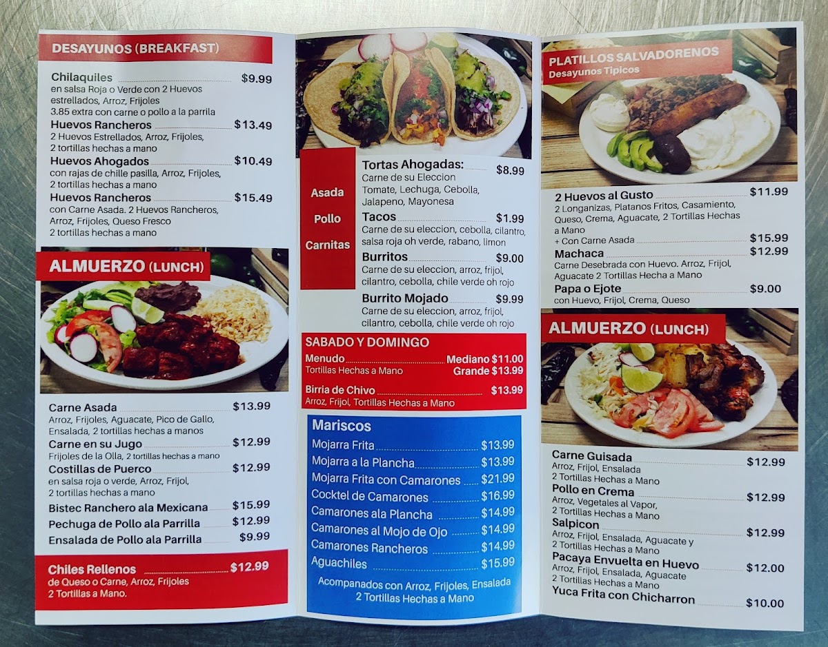 Las Champas Restaurant y Pupuseria menu board
