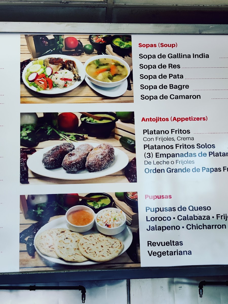 Las Champas Restaurant y Pupuseria menu board