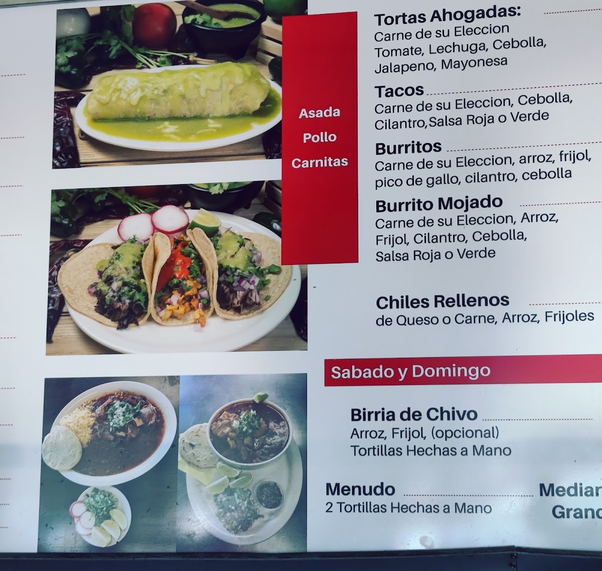 Las Champas Restaurant y Pupuseria menu board