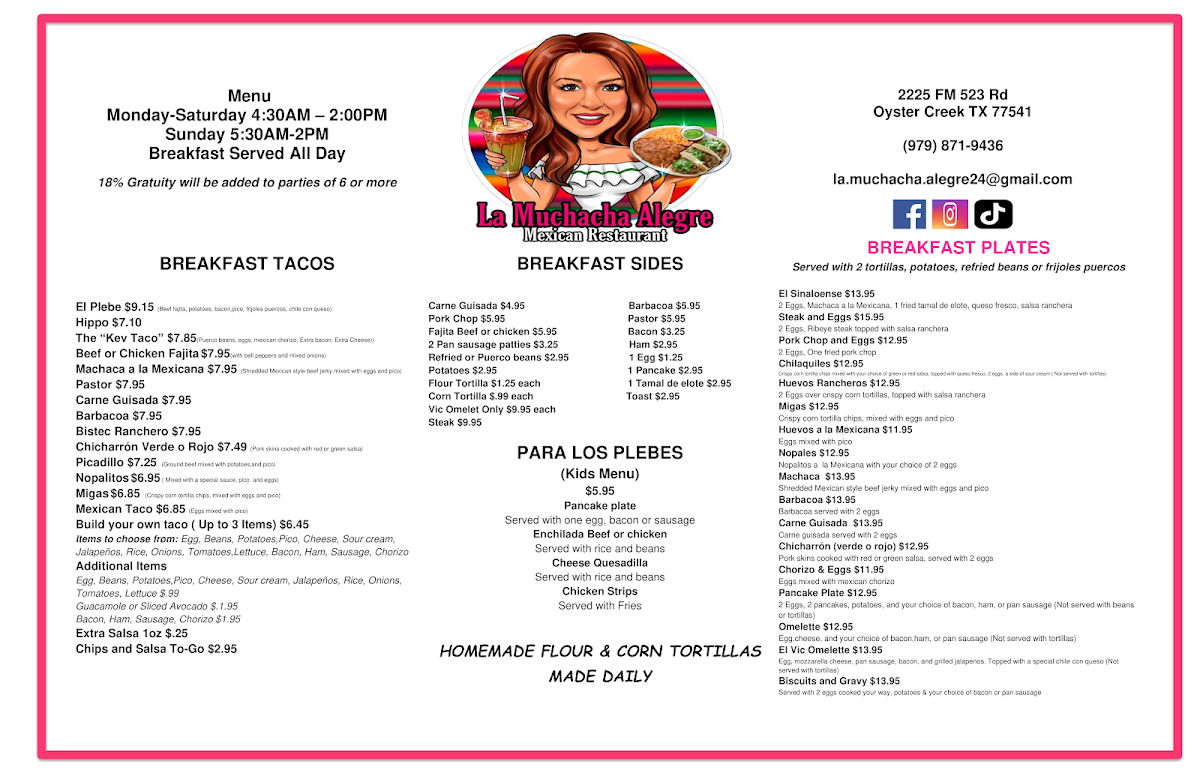 La Muchacha Alegre Mexican Restaurant menu board