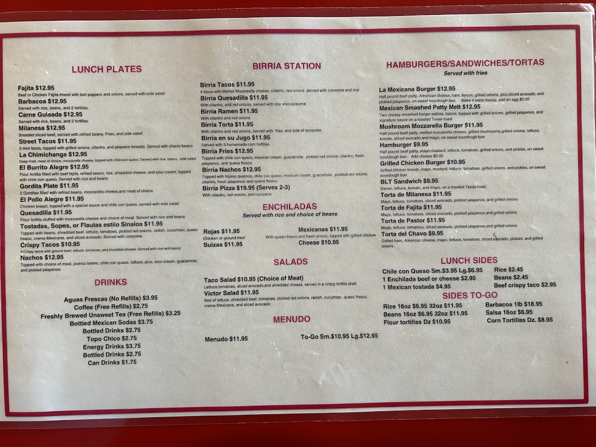 La Muchacha Alegre Mexican Restaurant menu board