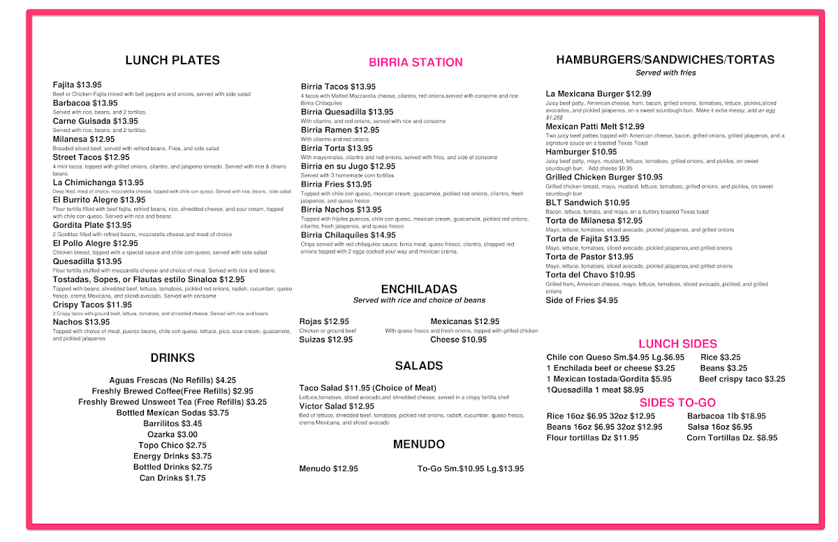 La Muchacha Alegre Mexican Restaurant menu board