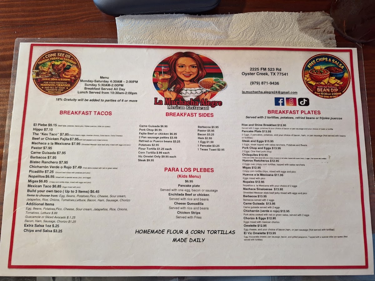 La Muchacha Alegre Mexican Restaurant menu board