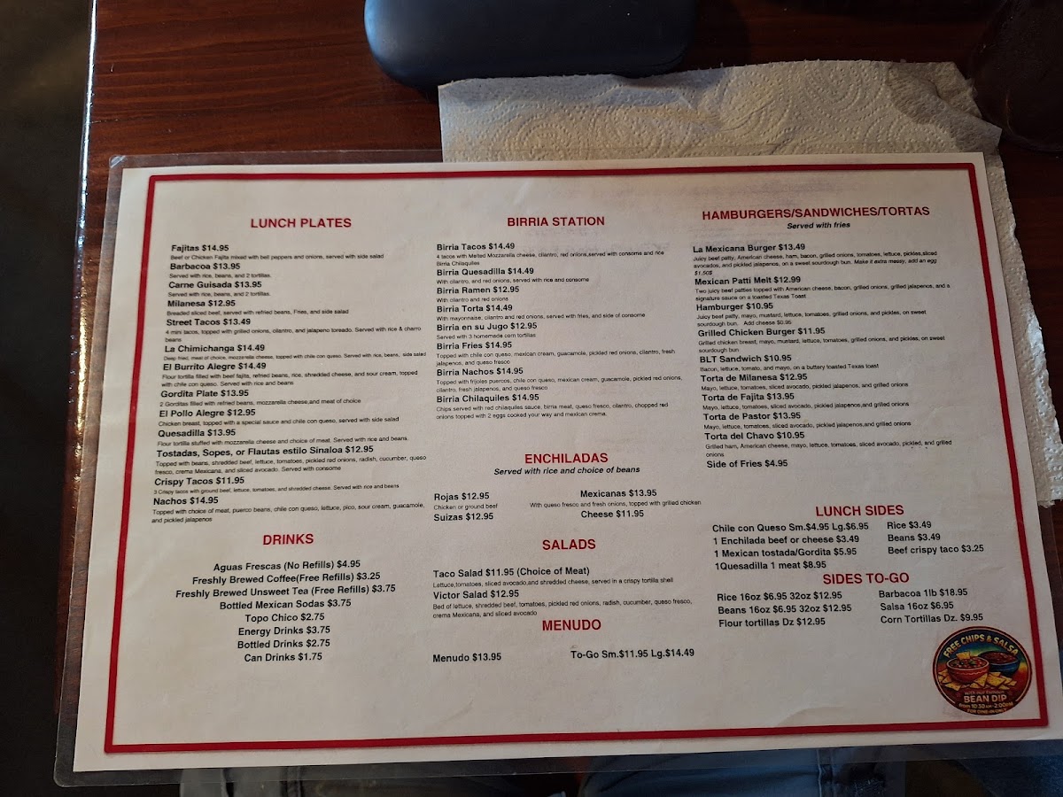 La Muchacha Alegre Mexican Restaurant menu board