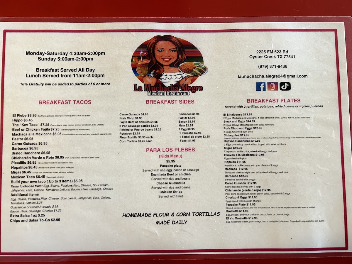 La Muchacha Alegre Mexican Restaurant menu board