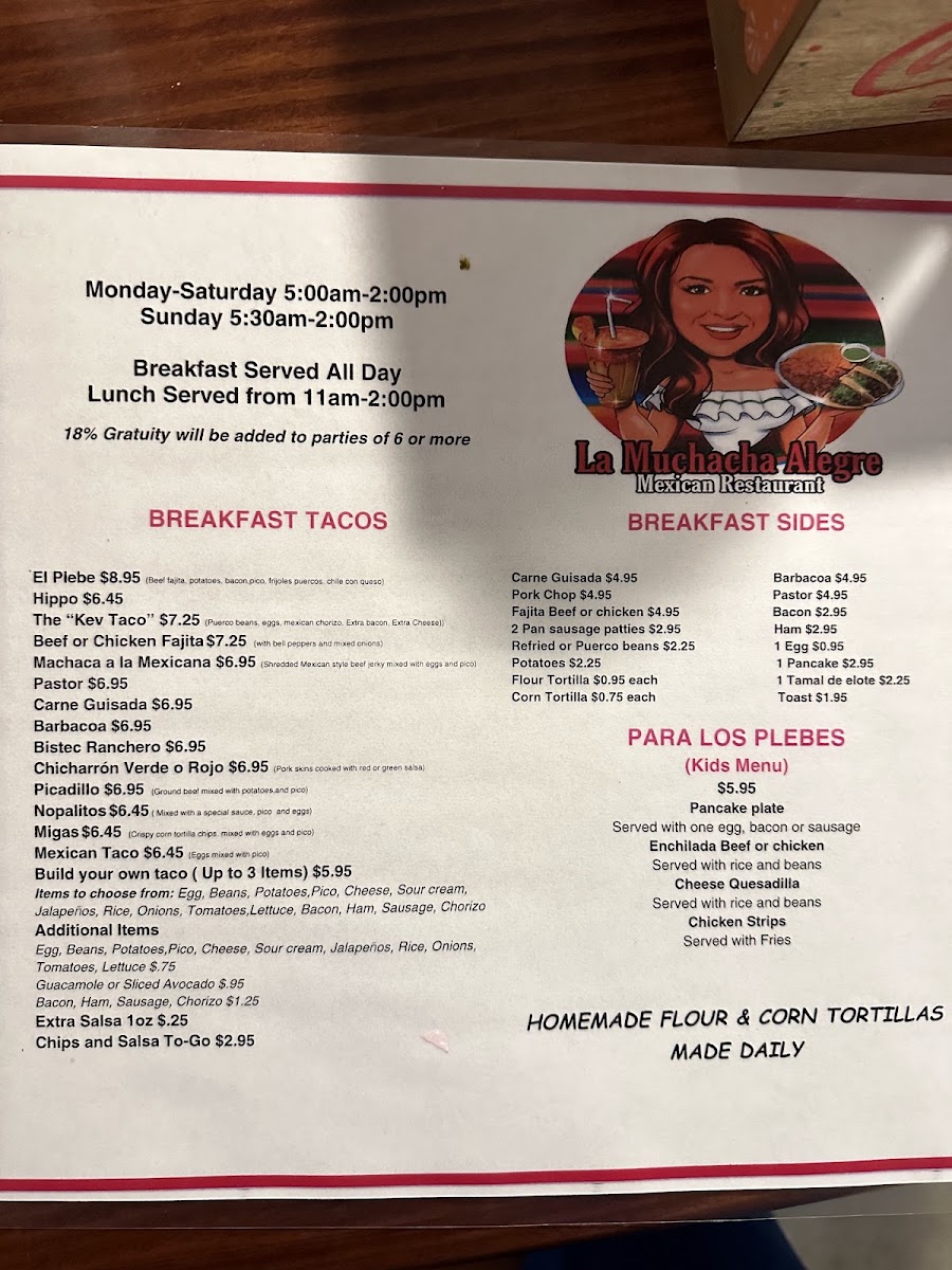 La Muchacha Alegre Mexican Restaurant menu board