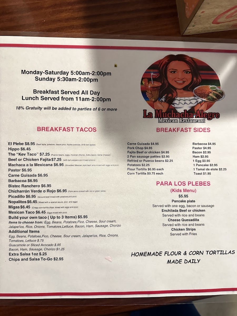 La Muchacha Alegre Mexican Restaurant menu board