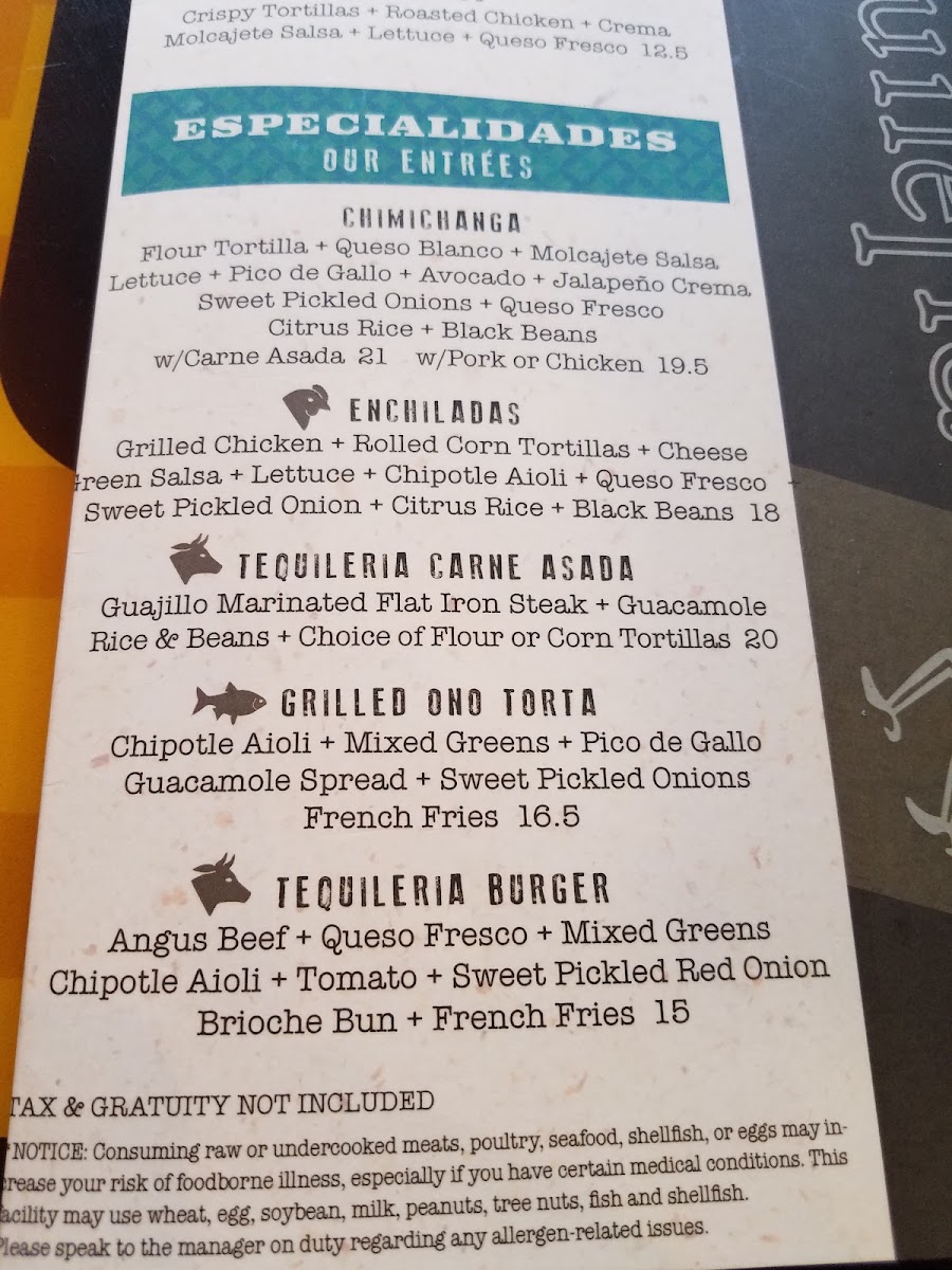 Tequileria Restaurante y Cantina menu board