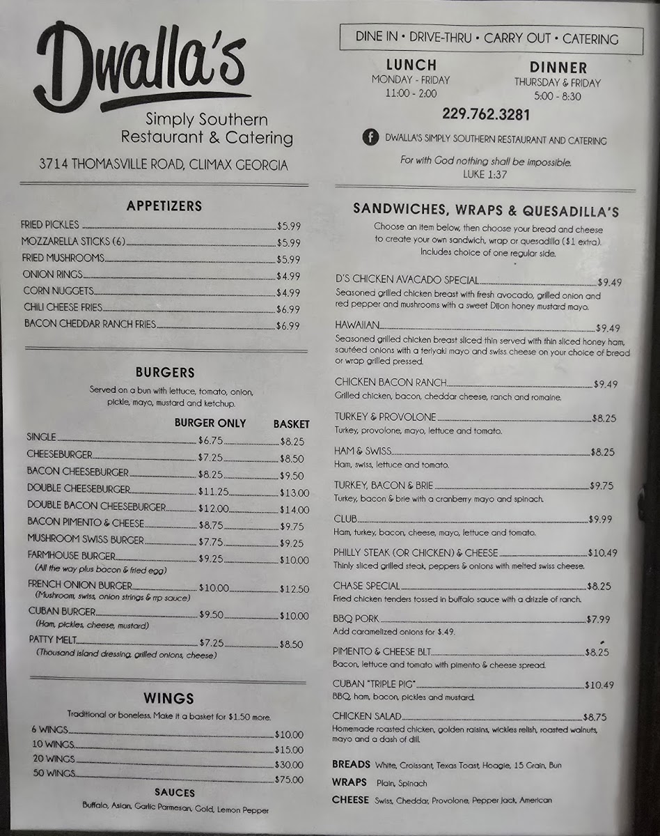 Dwalla's | Simply Southern Restaurant & Catering menu board