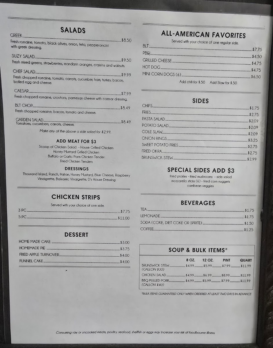 Dwalla's | Simply Southern Restaurant & Catering menu board