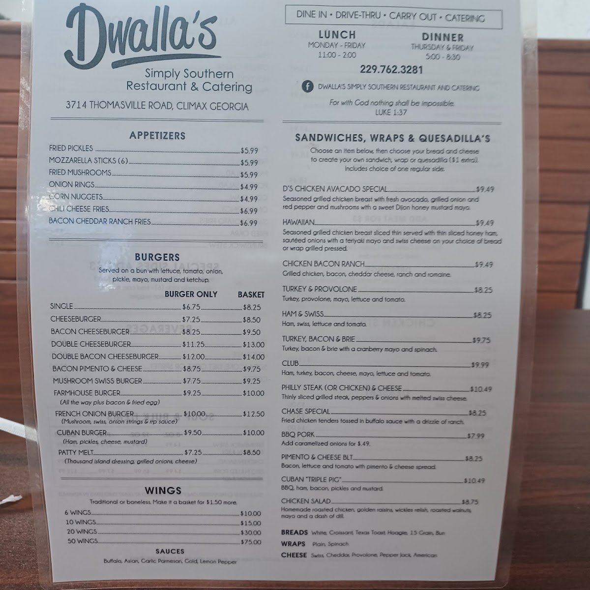 Dwalla's | Simply Southern Restaurant & Catering menu board