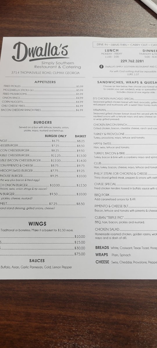 Dwalla's | Simply Southern Restaurant & Catering menu board