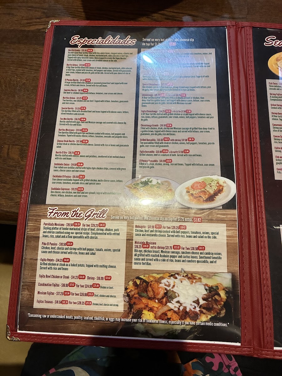 El Paraiso menu board