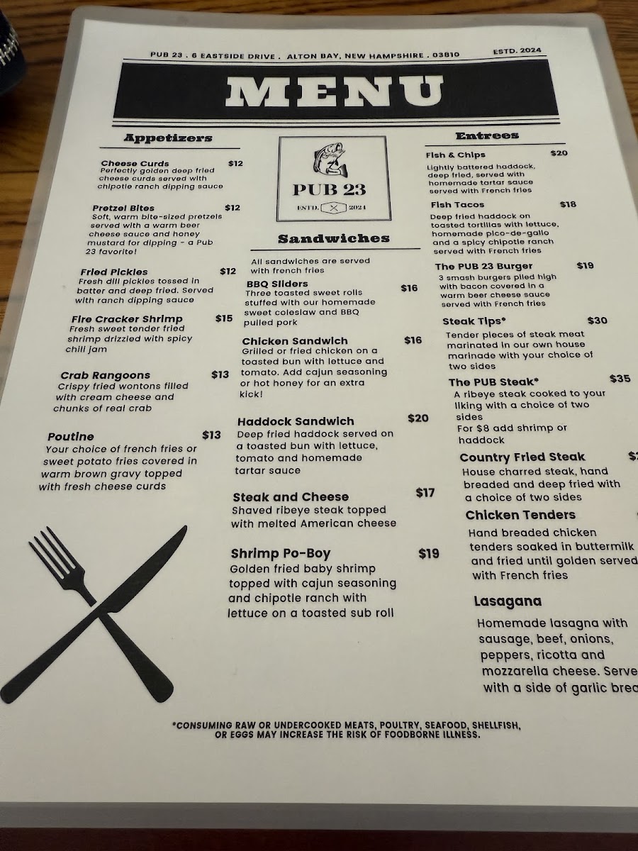 Pub 23 menu board
