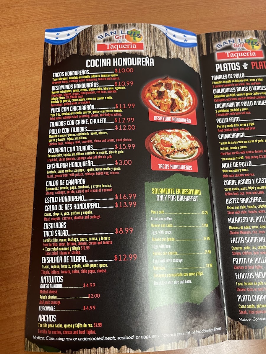 San Luis Grill menu board