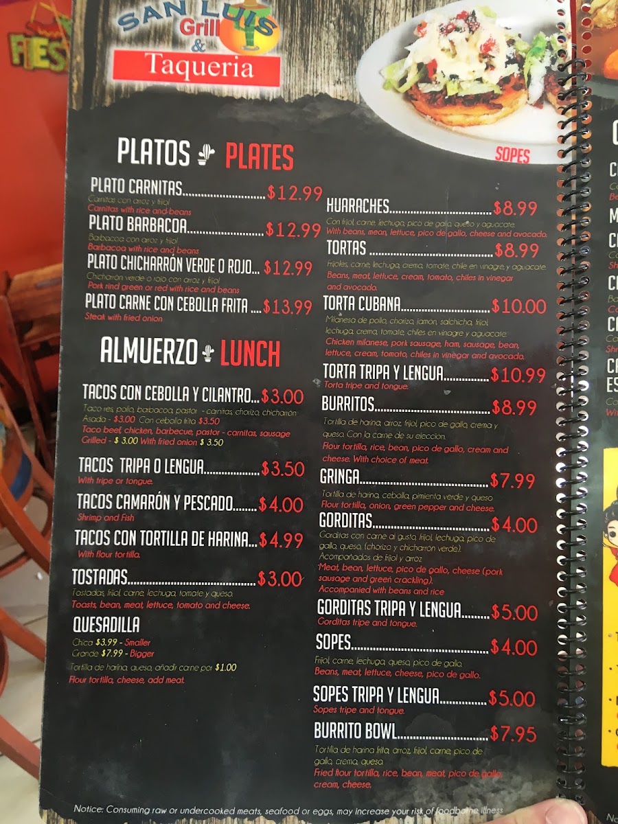 San Luis Grill menu board