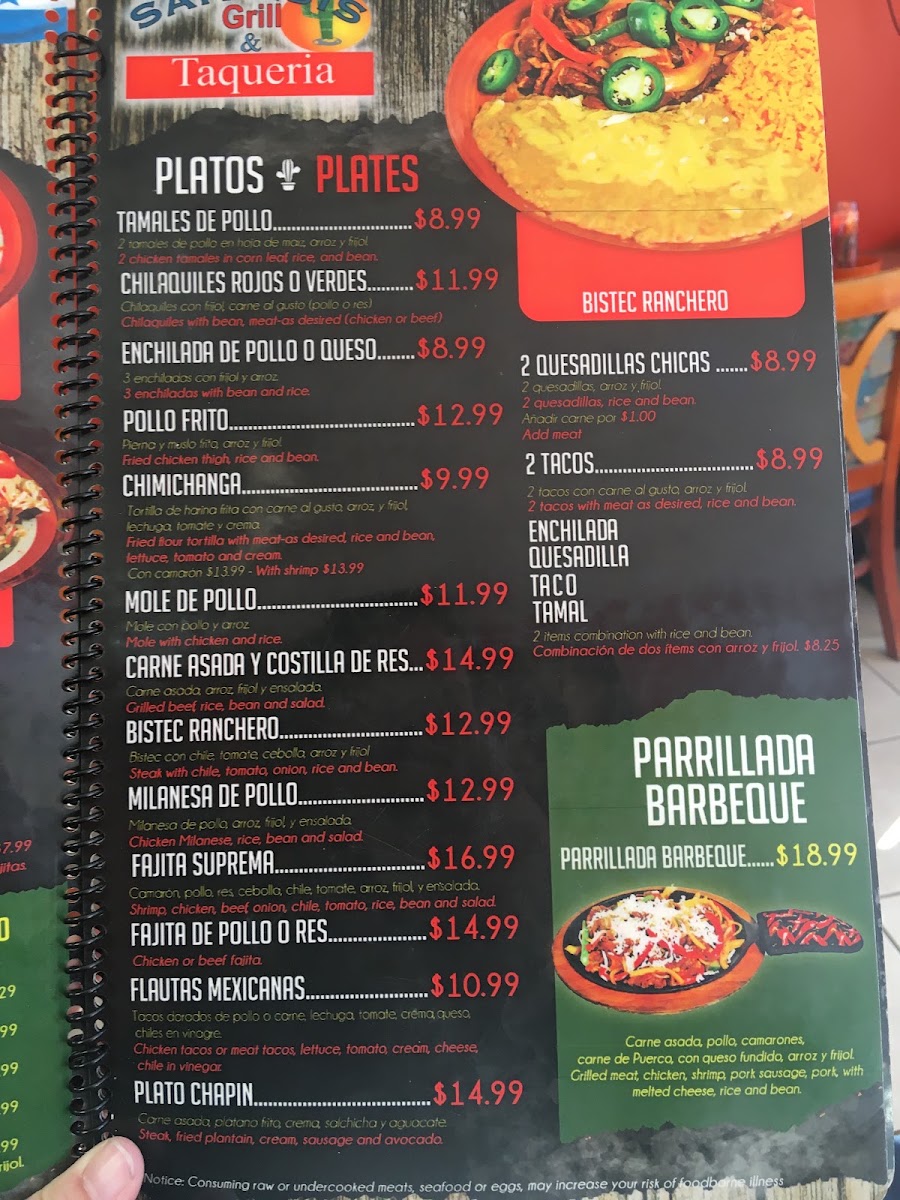 San Luis Grill menu board