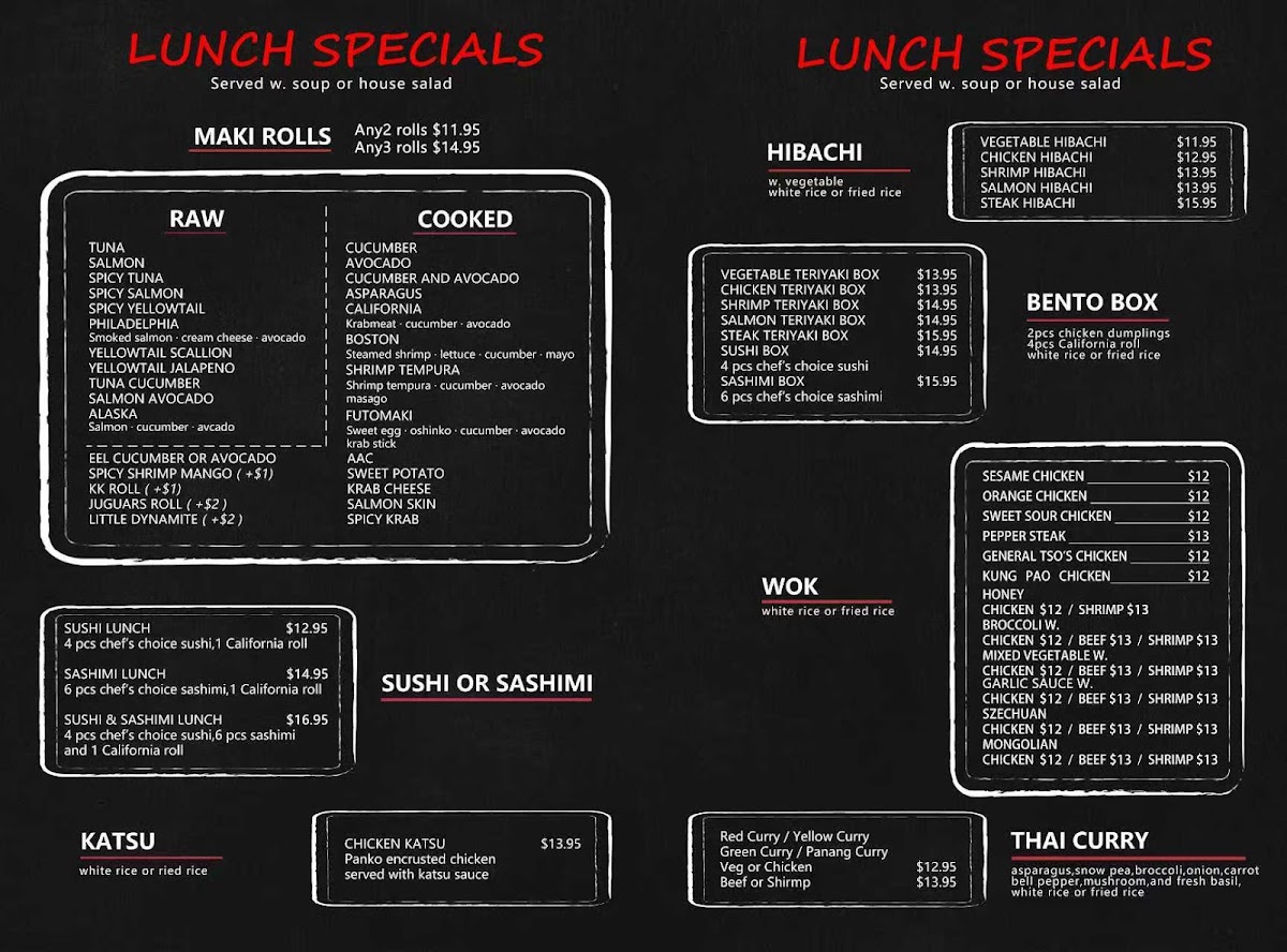 Hana Sushi Asian Cuisine menu board