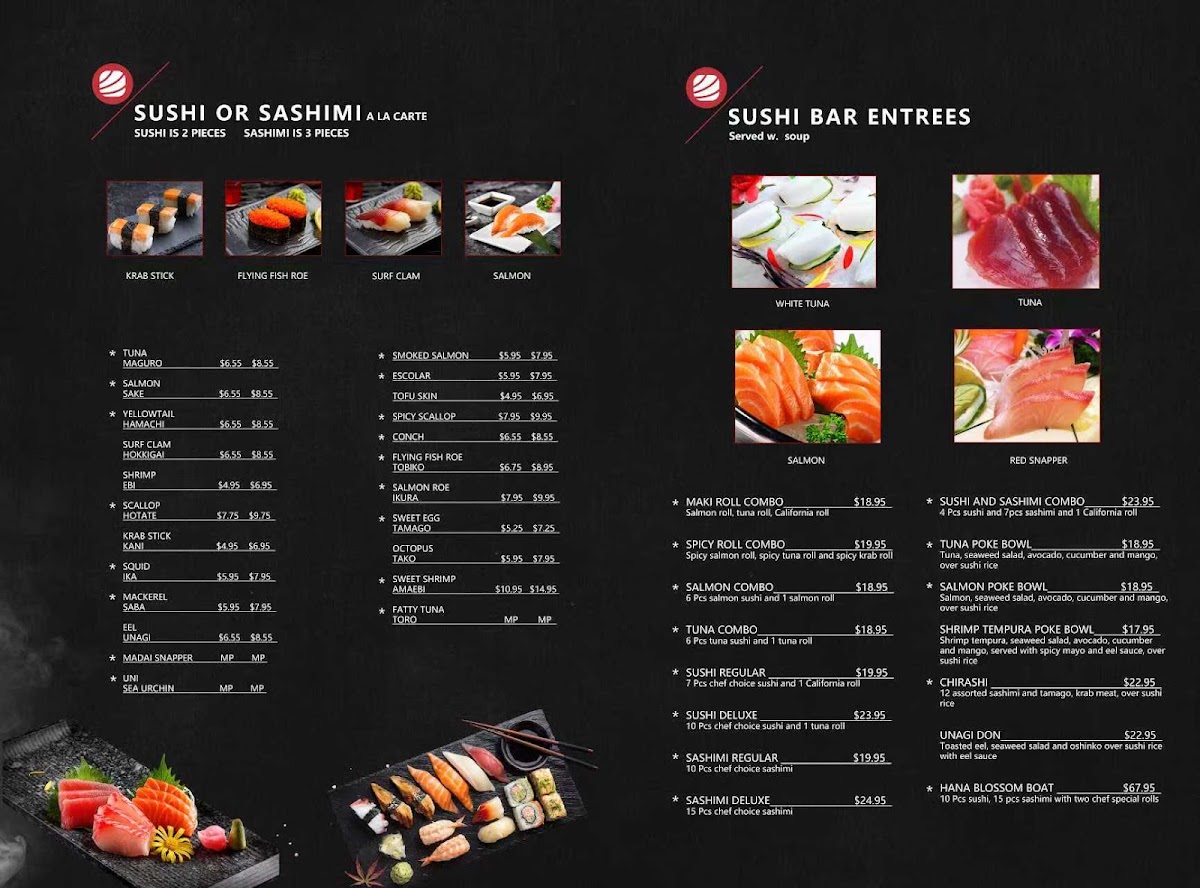 Hana Sushi Asian Cuisine menu board