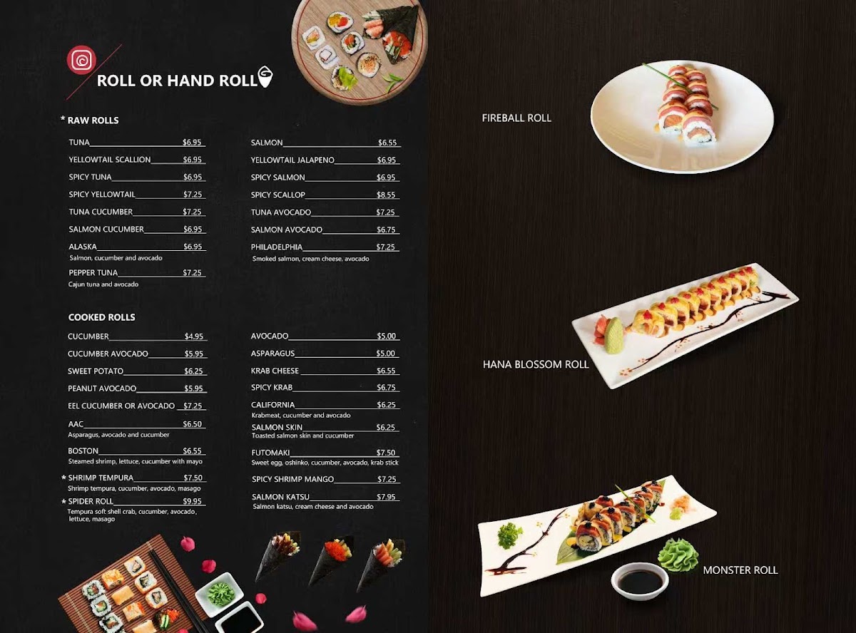 Hana Sushi Asian Cuisine menu board