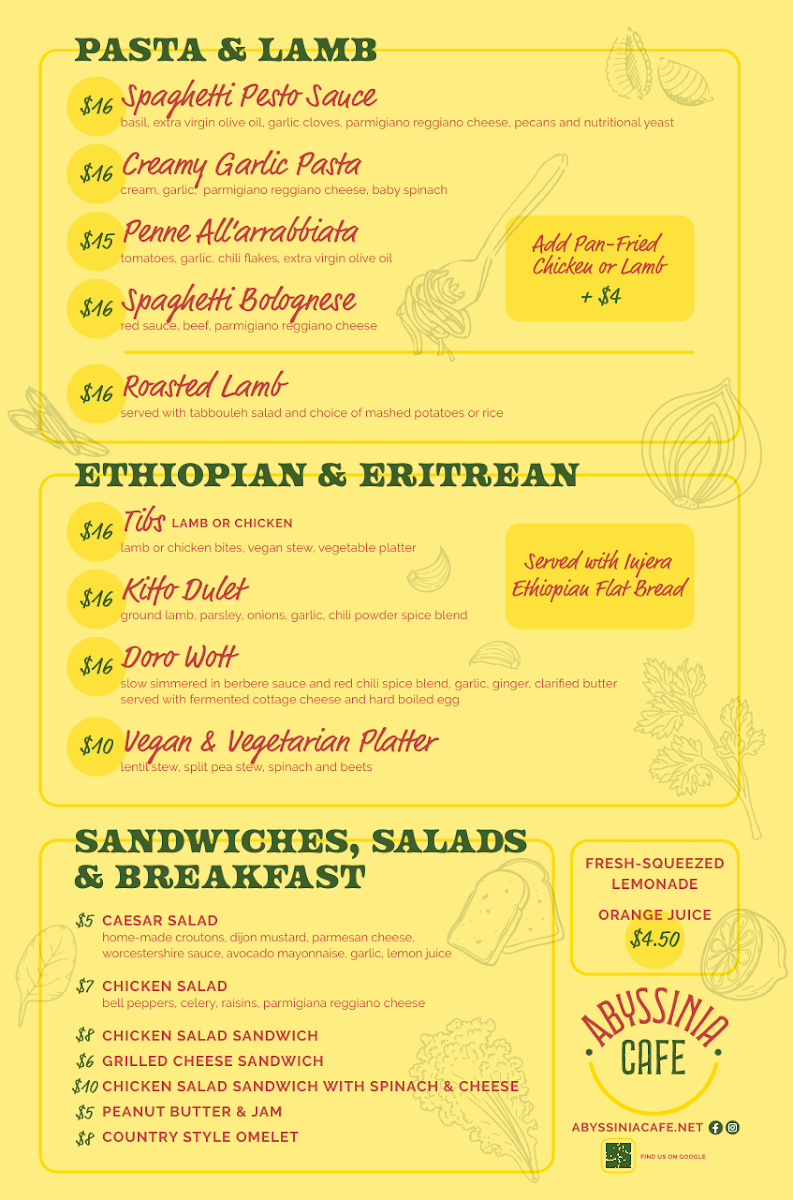 Abyssinia cafe menu board