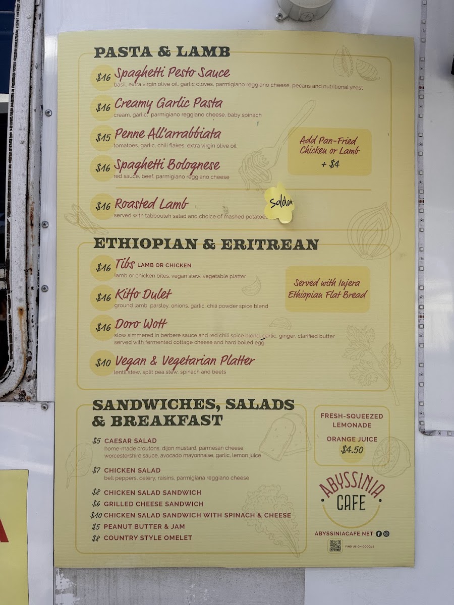 Abyssinia cafe menu board
