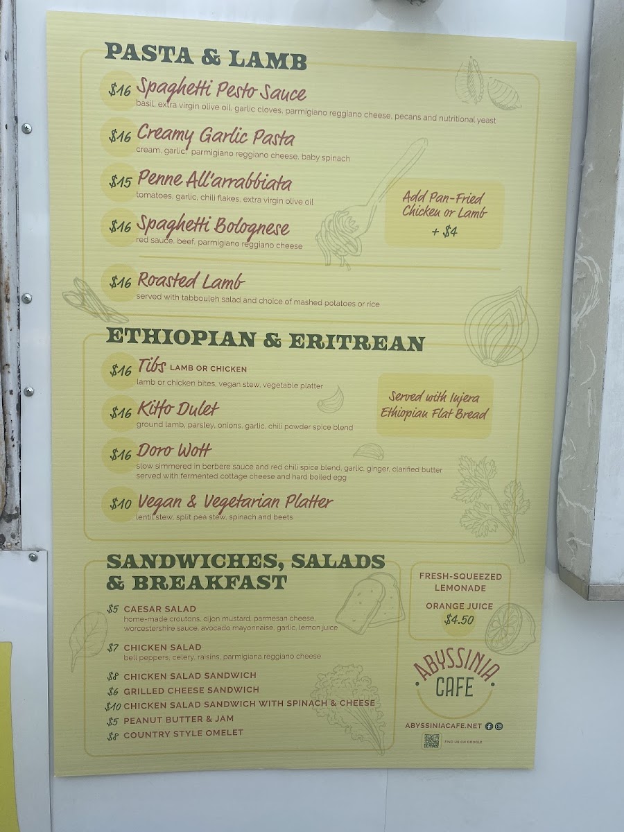 Abyssinia cafe menu board