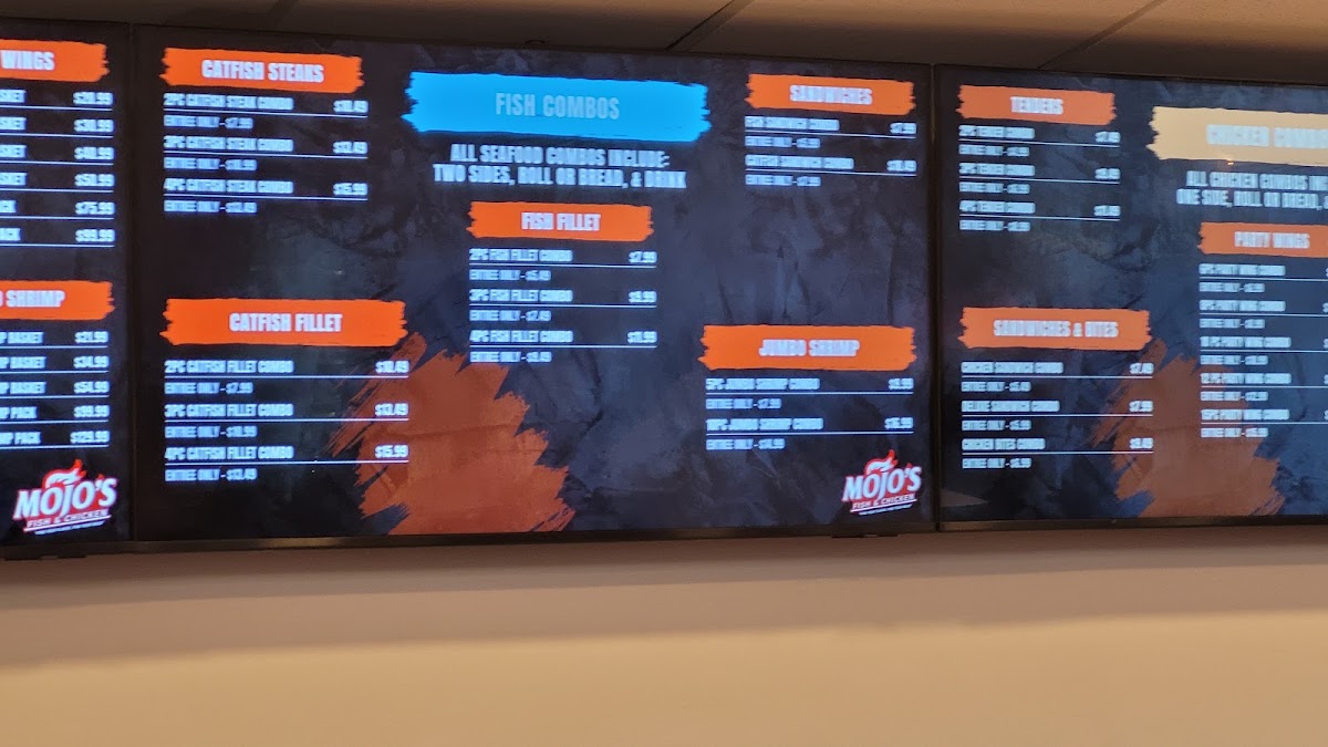 Mojo's Fish & Chicken menu board