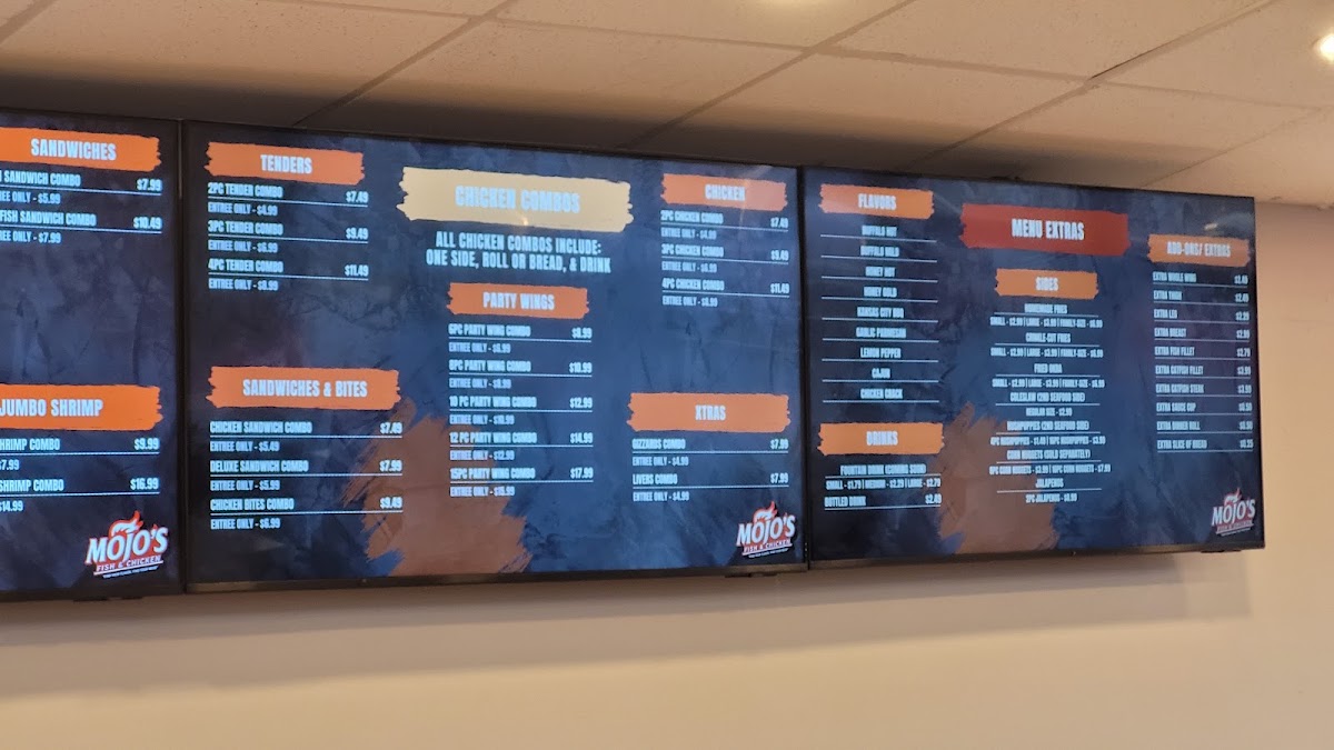 Mojo's Fish & Chicken menu board