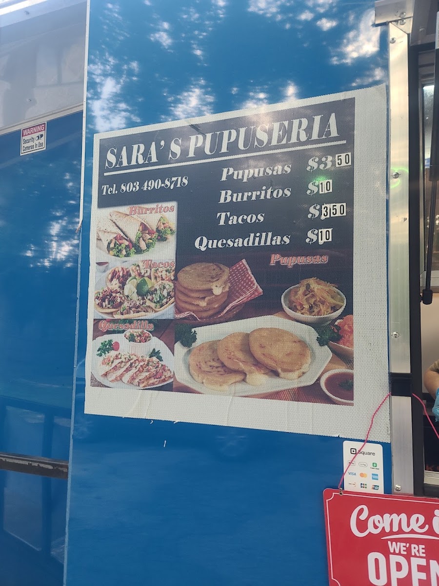 Sara’s pupuseria y taqueria menu board