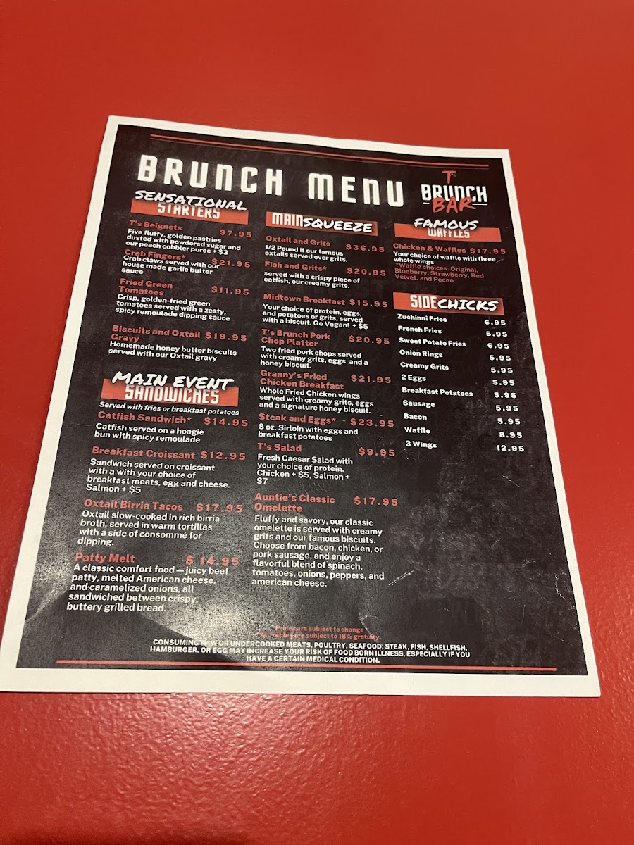 T's Brunch Bar menu board