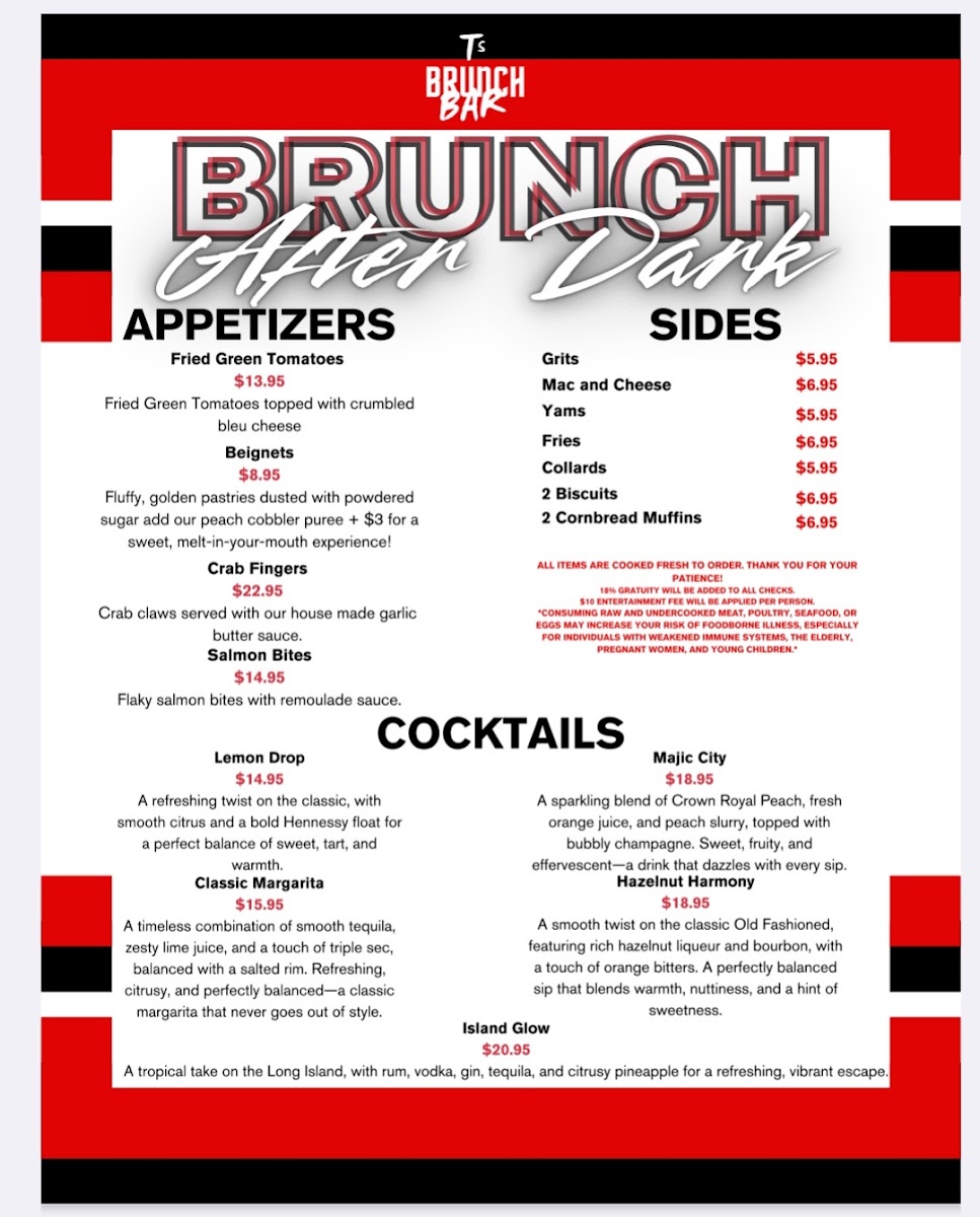 T's Brunch Bar menu board