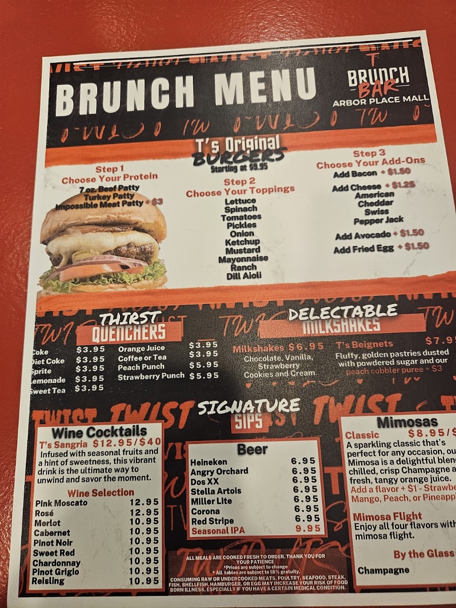 T's Brunch Bar menu board