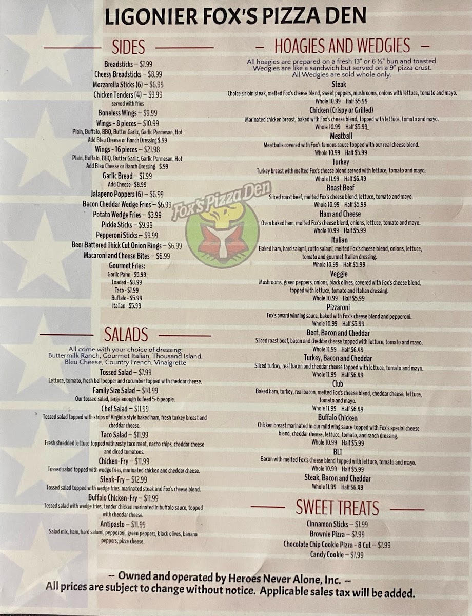 Fox's Pizza Den Ligonier menu board