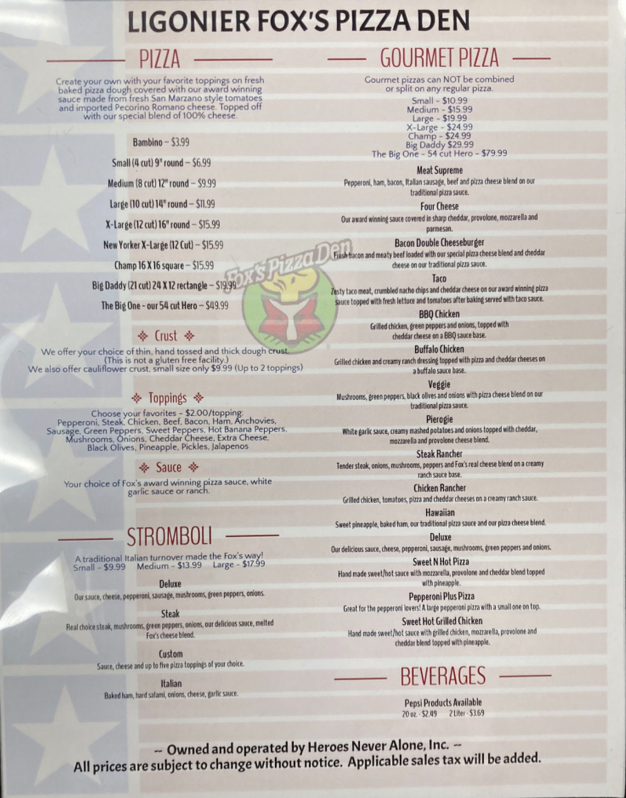 Fox's Pizza Den Ligonier menu board