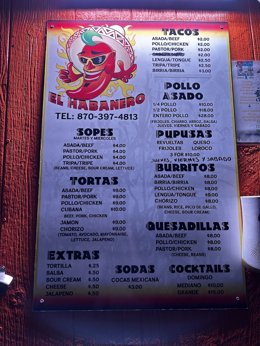 El Habanero menu board