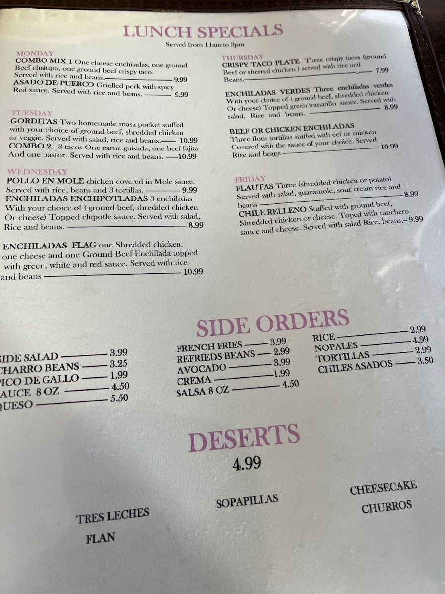 La Casita Mexican Restaurant menu board