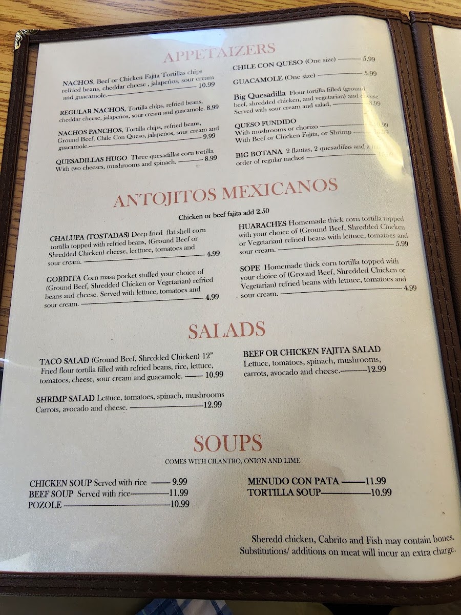 La Casita Mexican Restaurant menu board