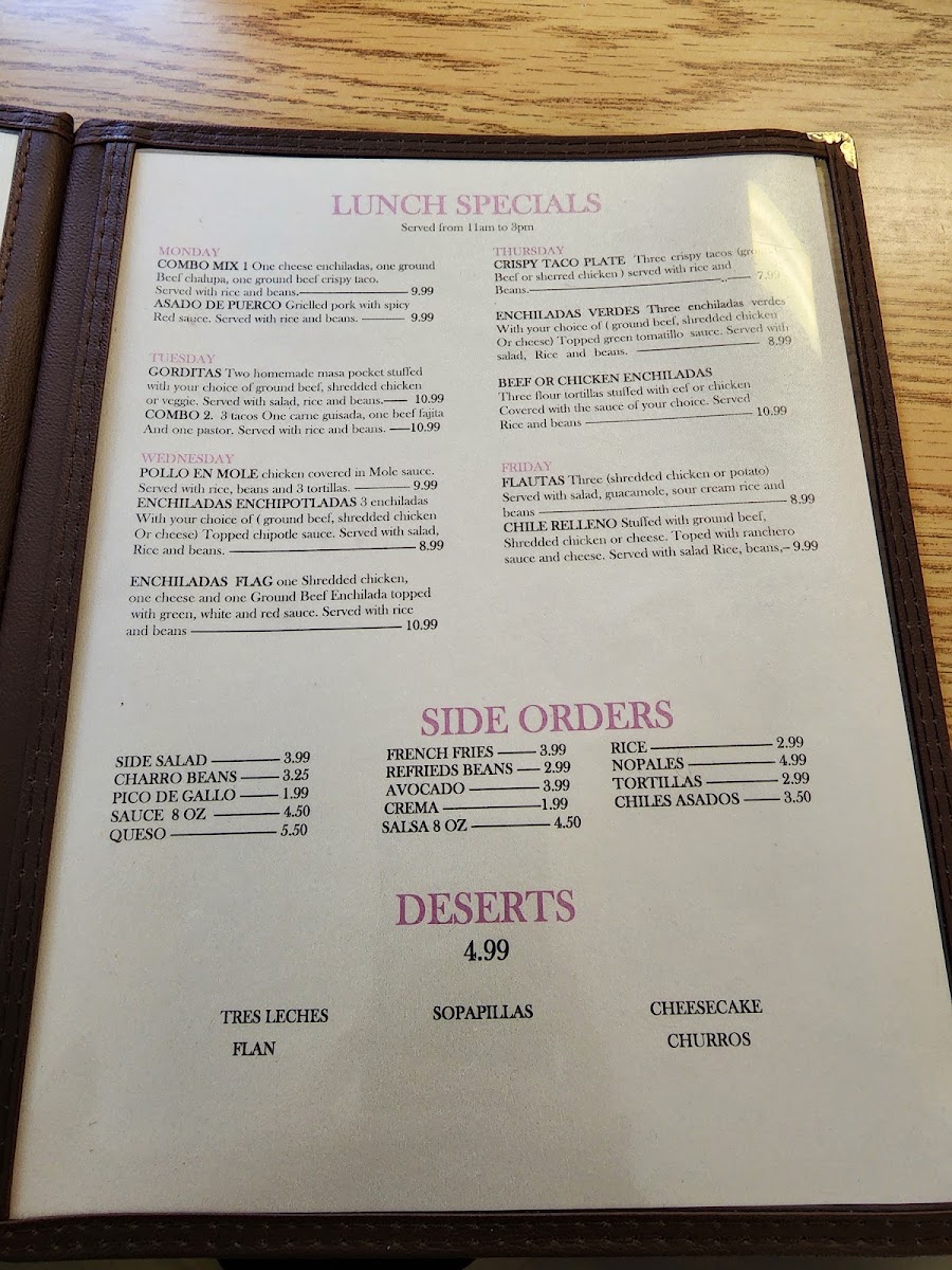 La Casita Mexican Restaurant menu board