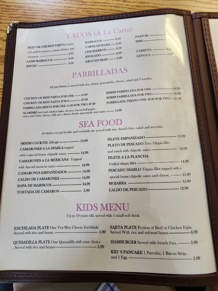 La Casita Mexican Restaurant menu board