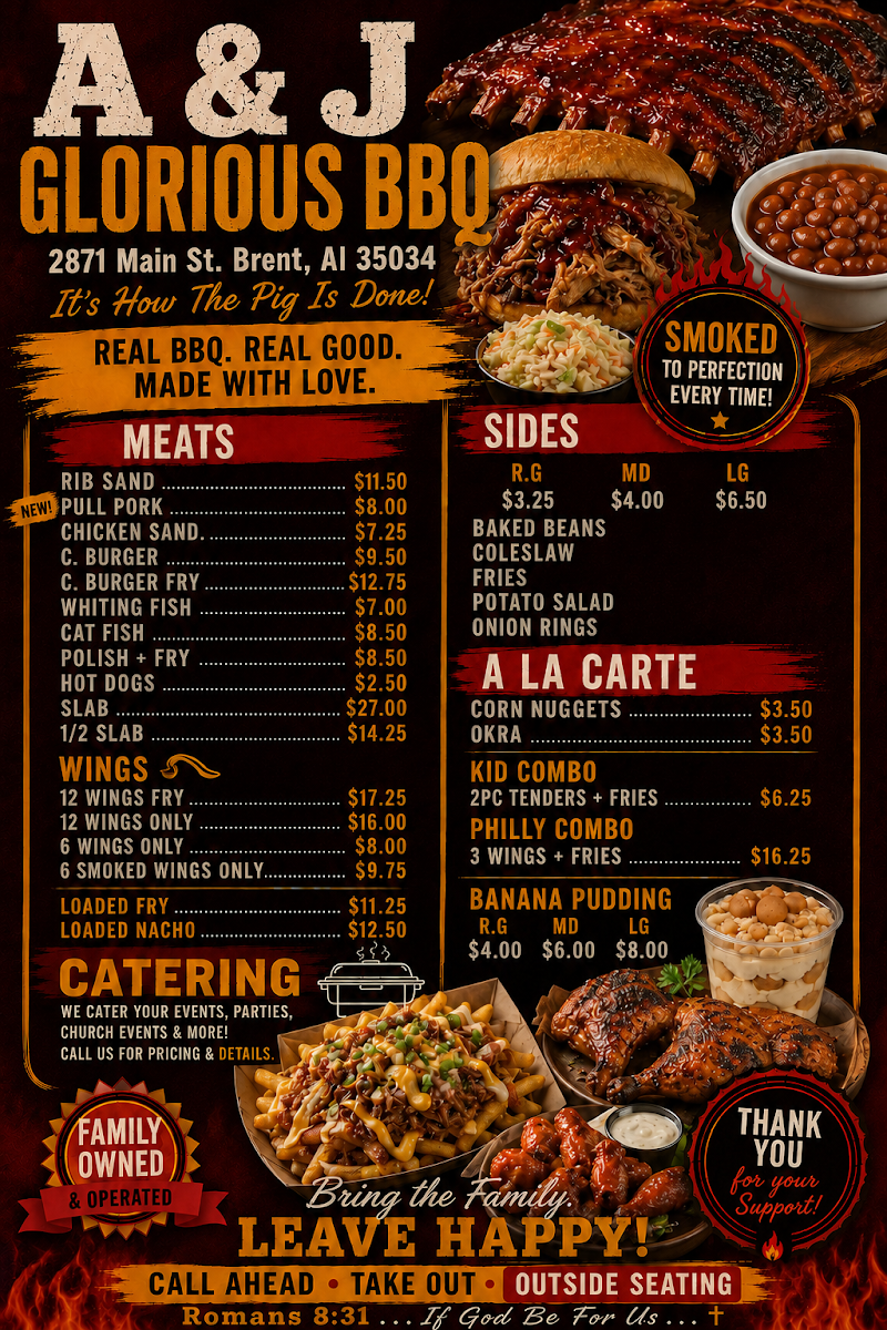 A & J Glorious BBQ menu board