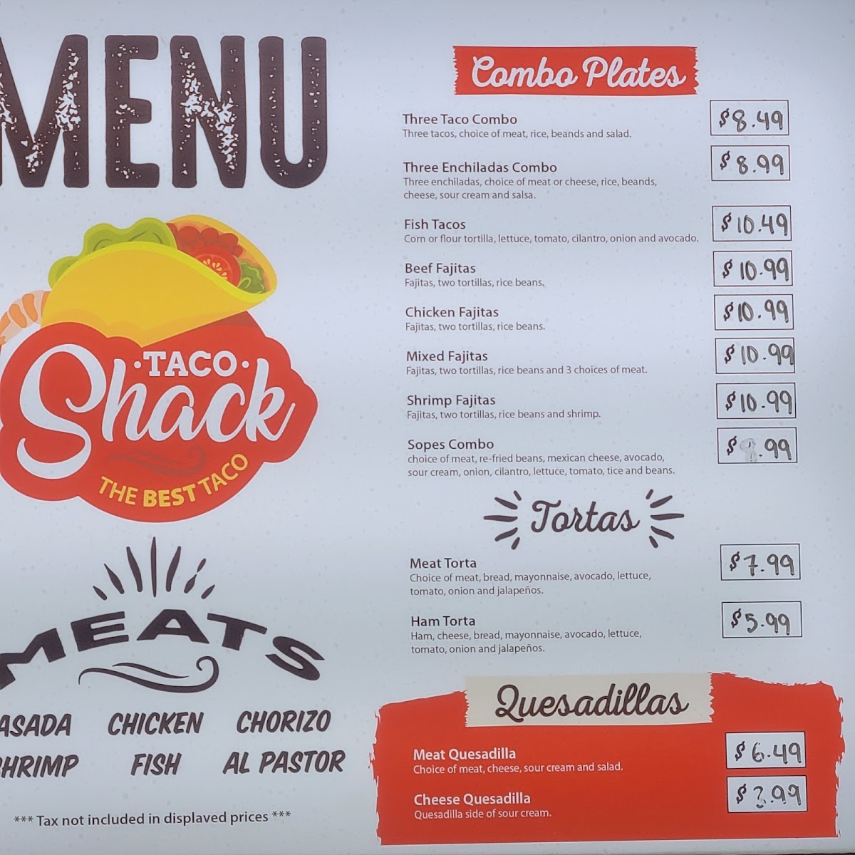 El taco shack menu board