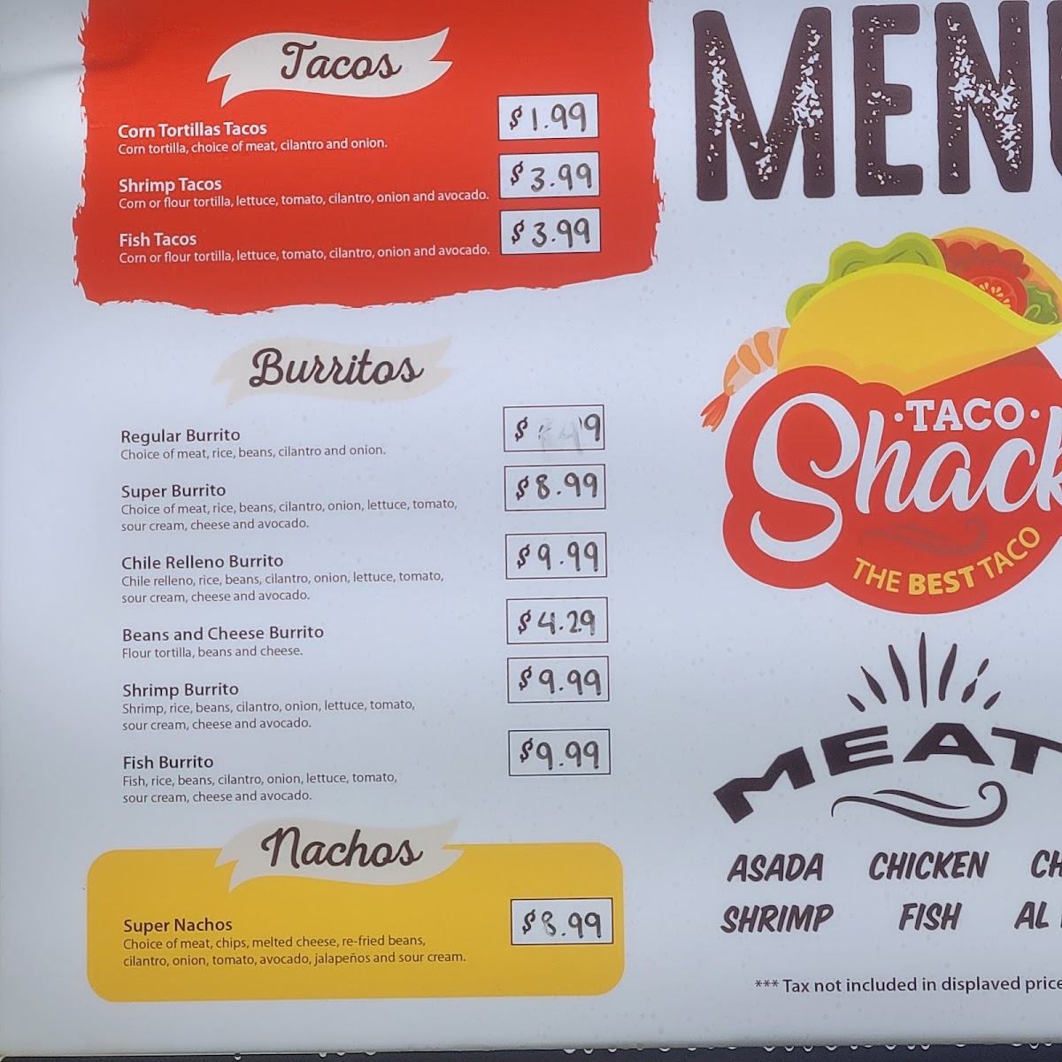 El taco shack menu board