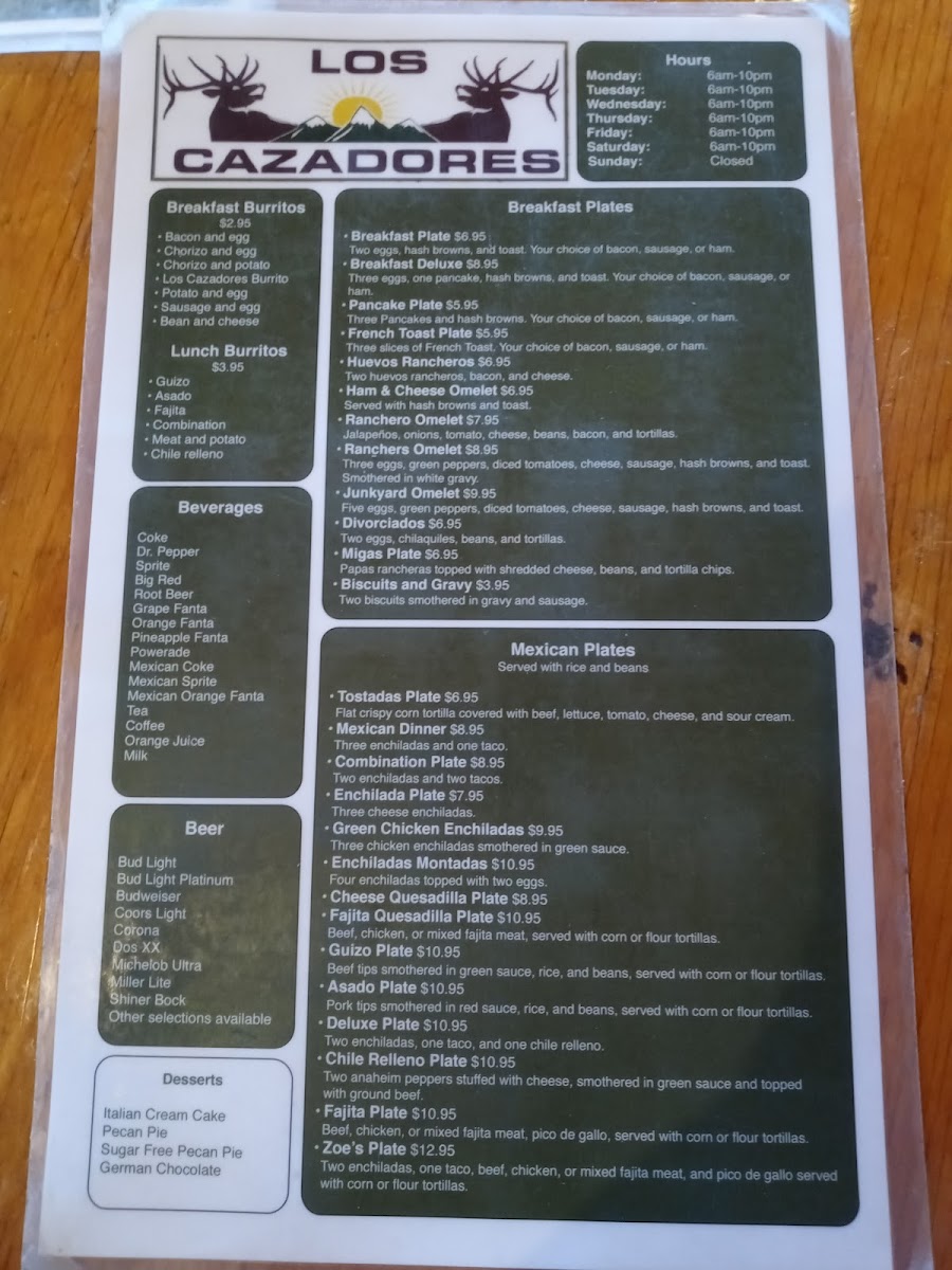 Los Cazadores menu board